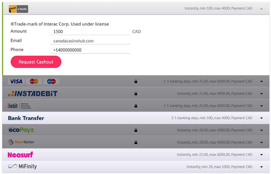 Instant withdrawal with the right payment method like Interac as shown here