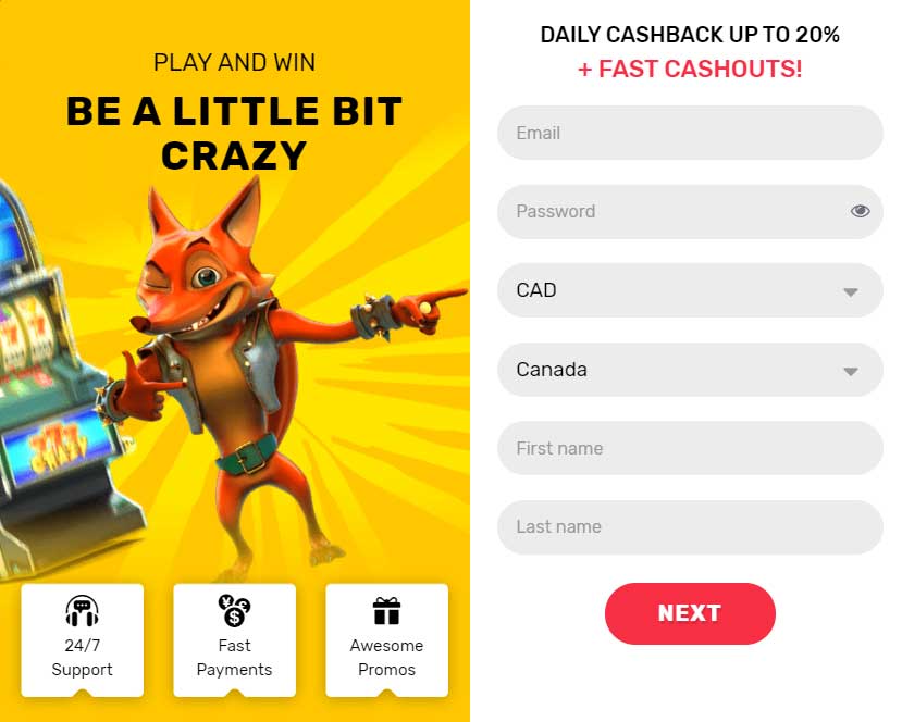 Signup form at Crazy Fox