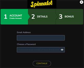 Easy registration form at Spinnalot