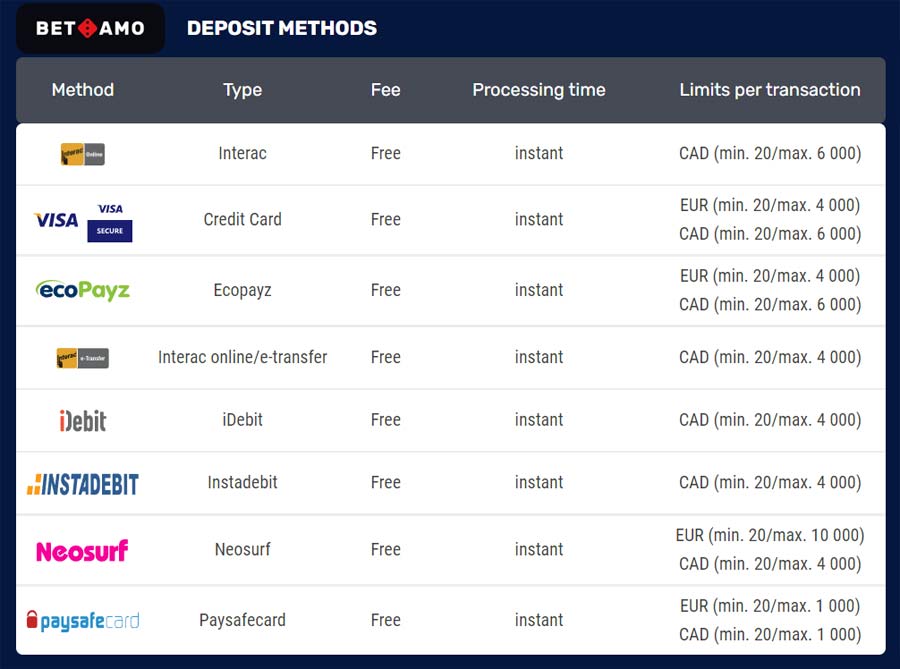 Safe and Secure deposit methods form the casino. All free of charge and without processing time